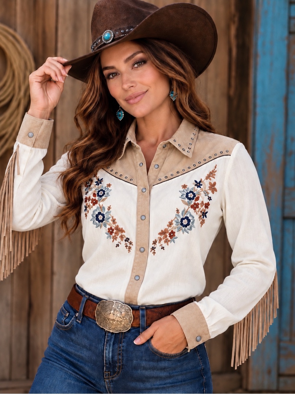 John Moon White Brown Western Floral Embroidered Fringe Stud Snap Shirt Sz L